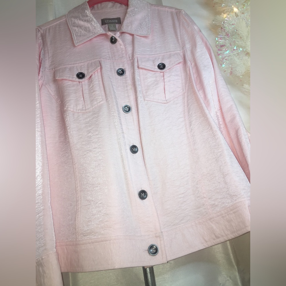Chico’s | Women’s Pale Pink Shimmer Button Down Jacket - Picture 4 of 13